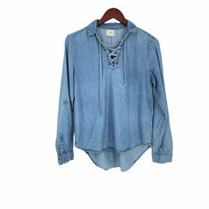 Harper Blouse Women's Sz Small Criss Cross Soft Denim Collared Long Sleeve Blue